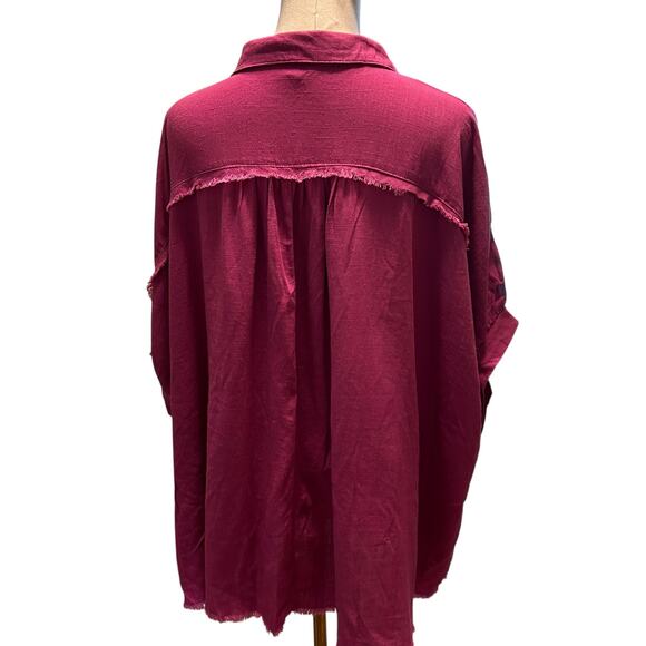 Umgee Linen Blend Top SZ M Women Raw Frayed Hem Fuchsia Boho Beach Lagenlook - Picture 5 of 8